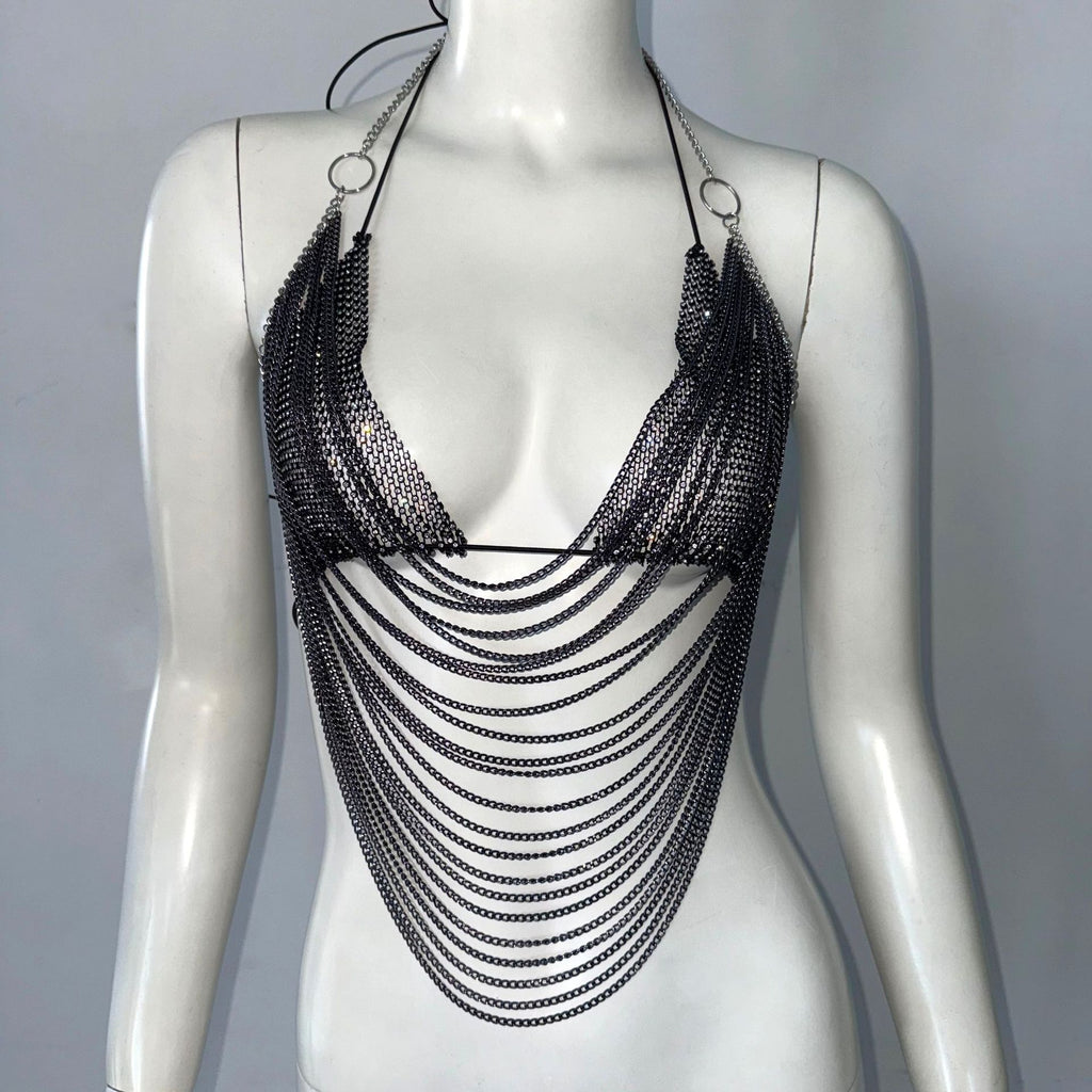 Rhinestone Halter Top with Decorative Chain