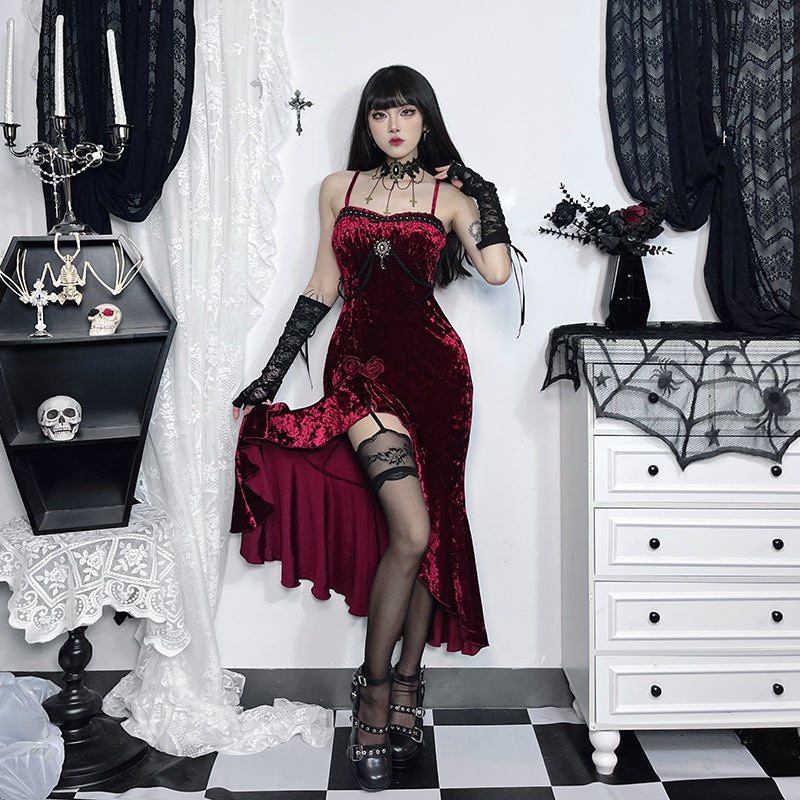 Gothic Lace-Trim Slit Maxi Dress