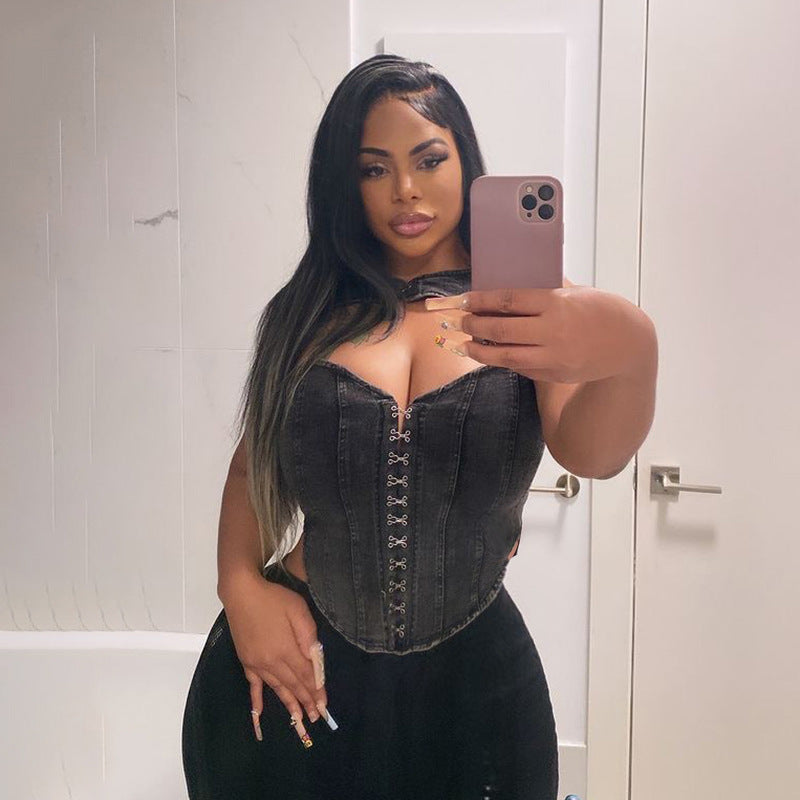 Denim-Look Cutout Corset Top