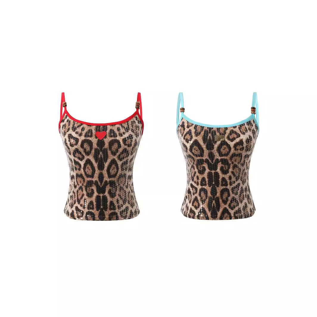Contrast-Trim Leopard Sequin Top
