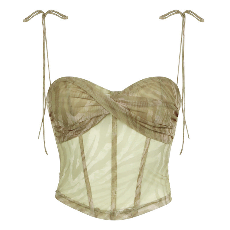 Wave-Print Mesh Corset Cami