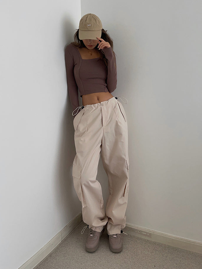 Wide-Leg Drawstring Cargo Pants