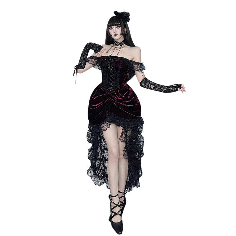 Lace-Trim Corset Dress with Train