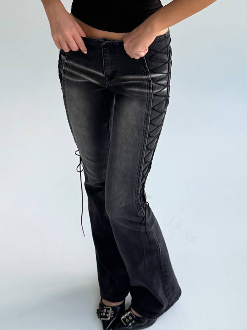Distressed Lace-Up Flared Jeans