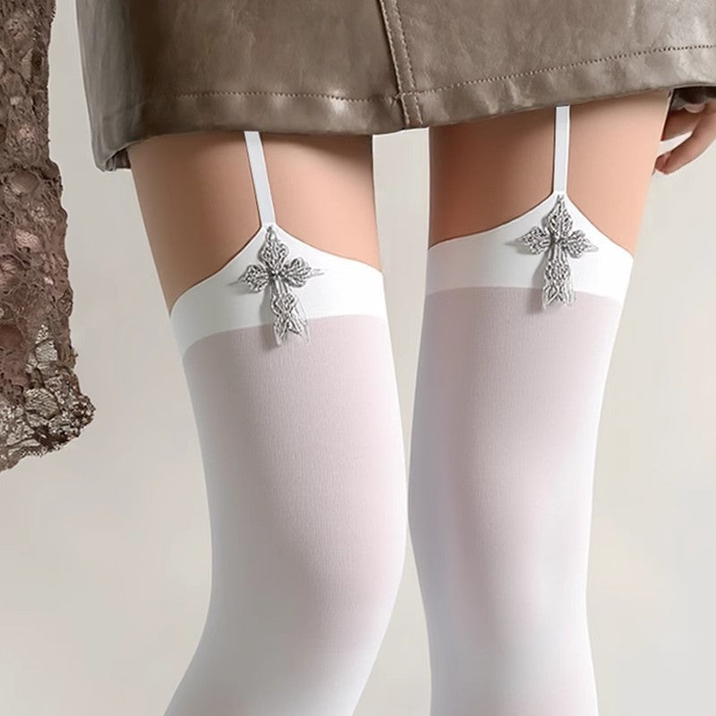 Cross-Detail Thigh-High Stockings
