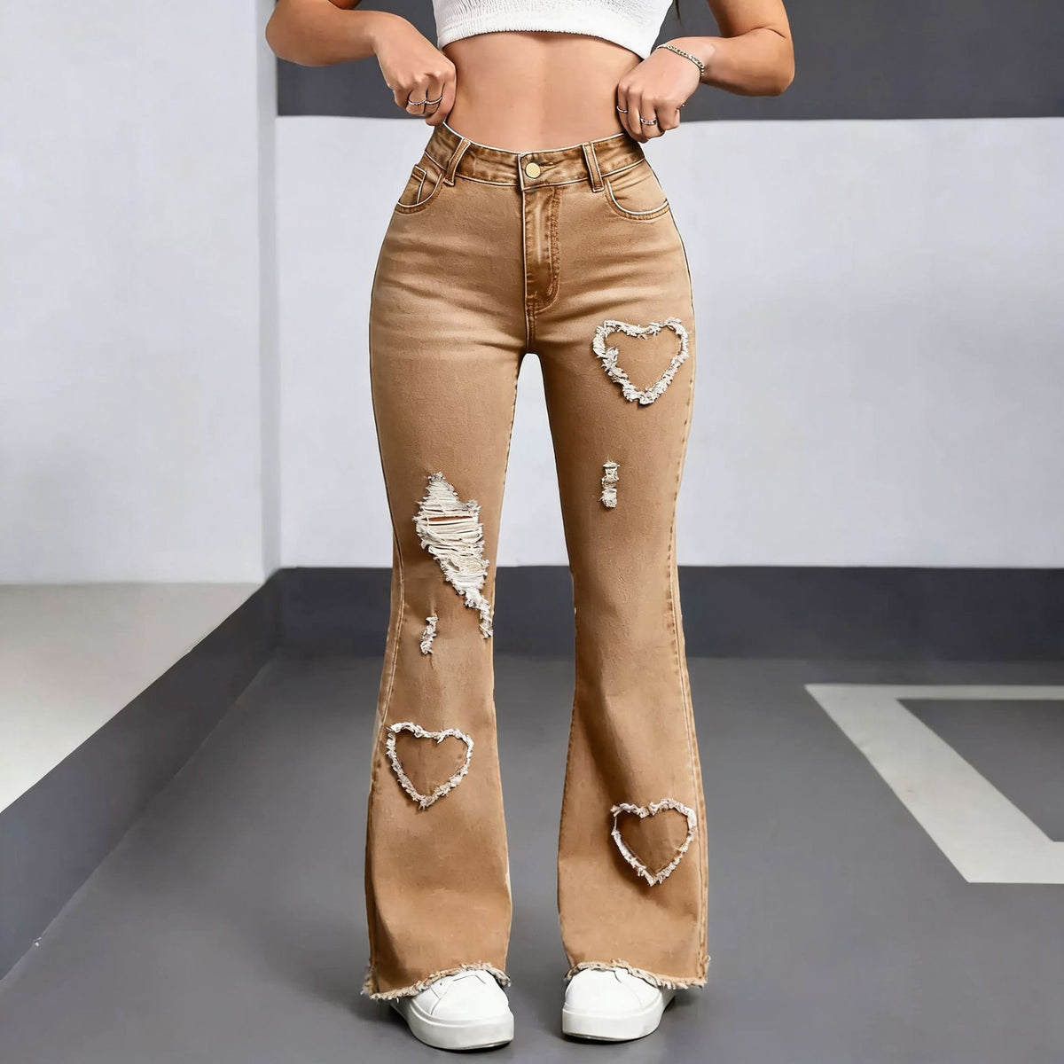 Heart-Distressed Flared Jeans