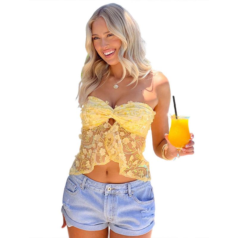 Yellow Floral Sequin Tube Top