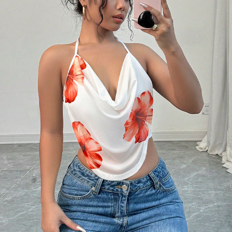 Floral Cowl-Neck Halter Top