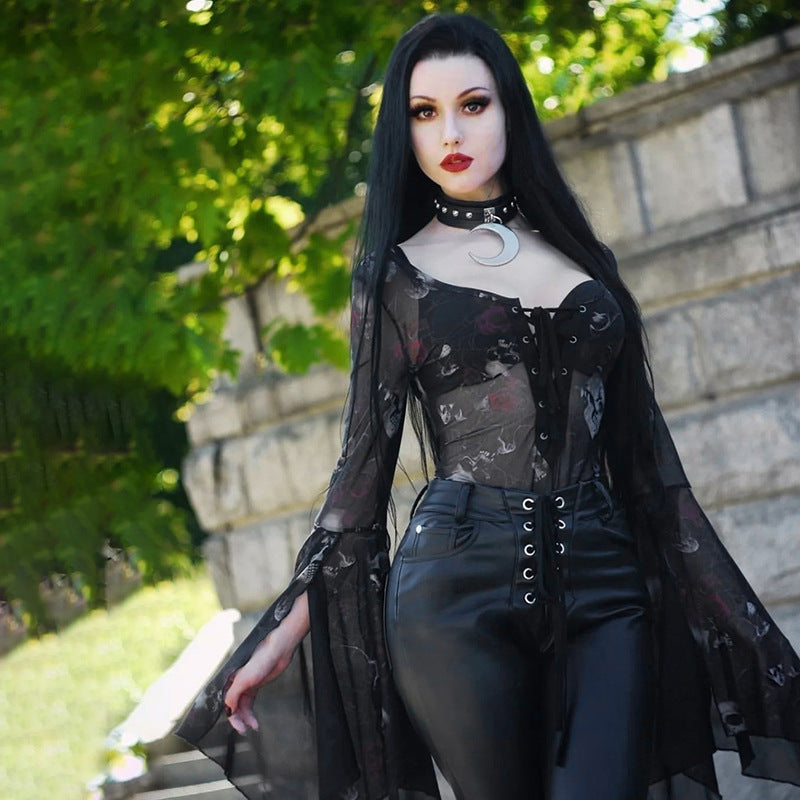 Sheer Bell-Sleeve Lace-Up Bodysuit