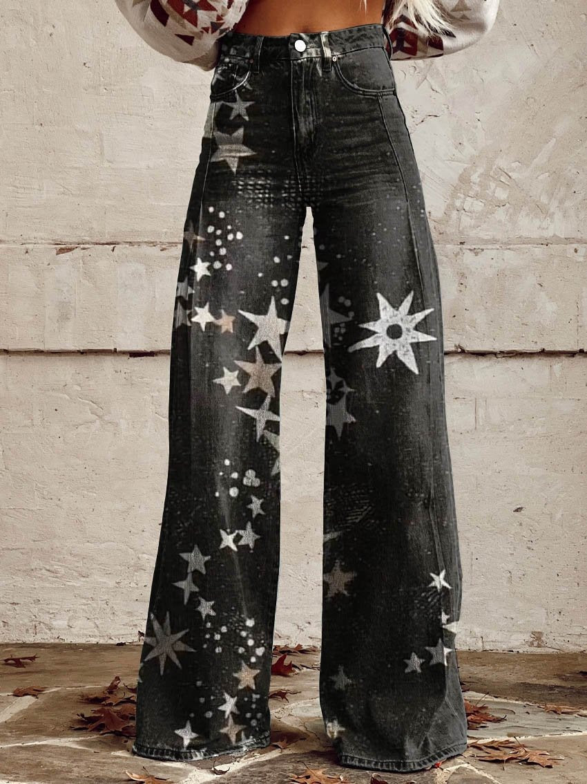 Printed Denim-Look Wide-Leg Pants