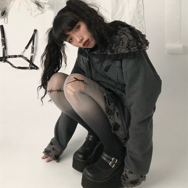 Distressed Zip Hoodie with Cat-Ear Hair Clip