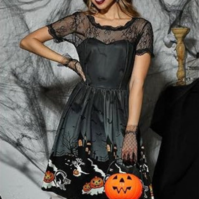 Halloween-Print Lace-Yoke Dress