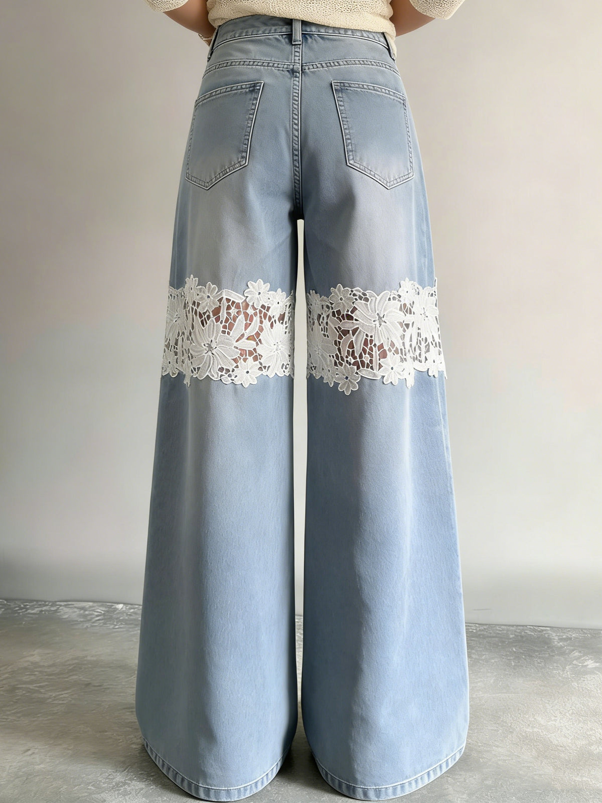 Lace-Insert Wide-Leg Jeans