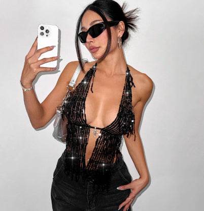 Sequin Lace-Up Halter Top