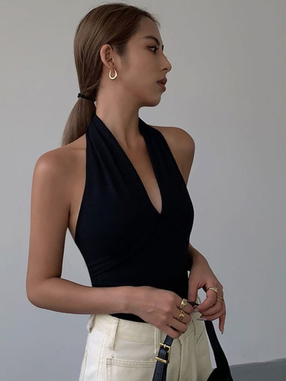 Black V-Neck Halter Top