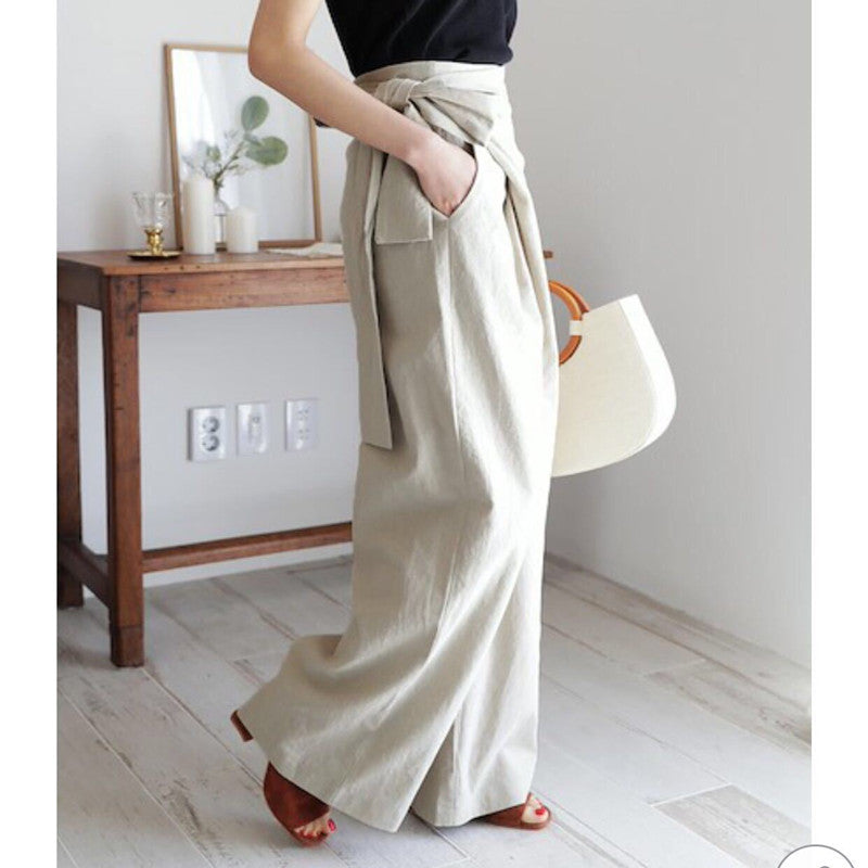 Asymmetric Tie-Waist Wide-Leg Pants