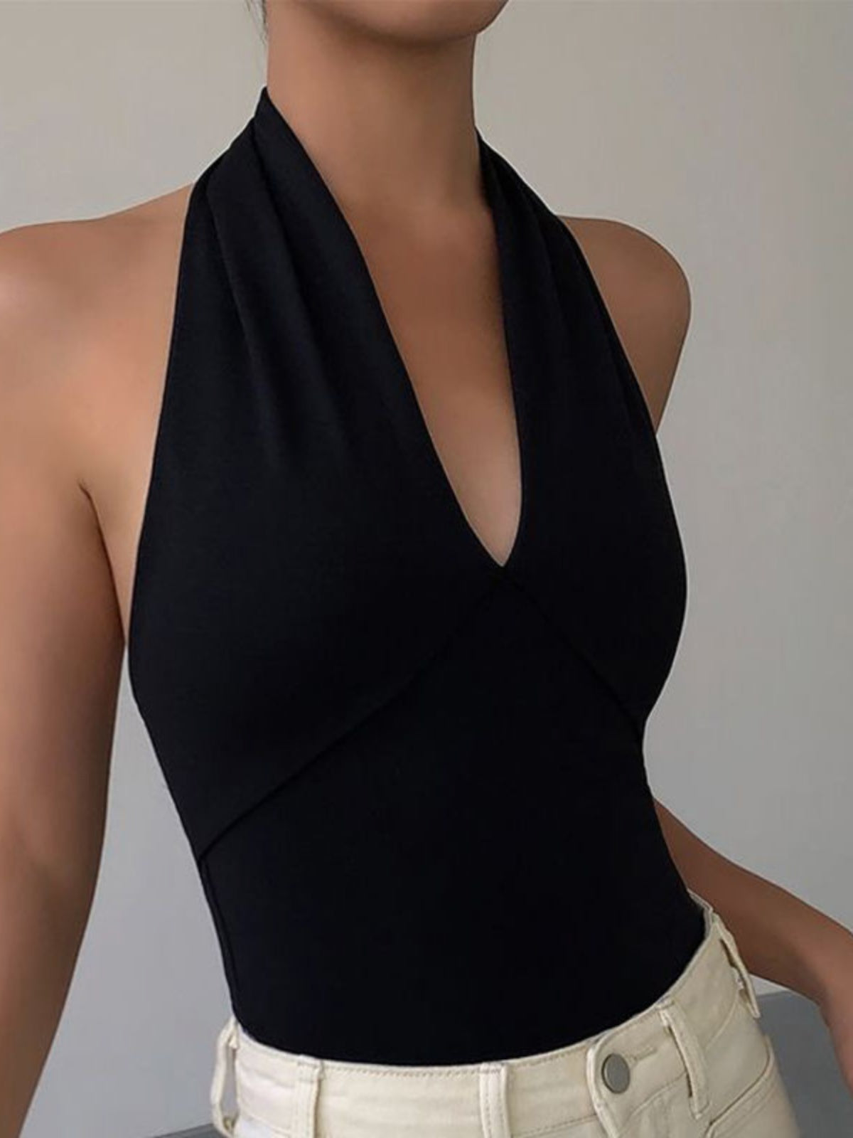 Black V-Neck Halter Top