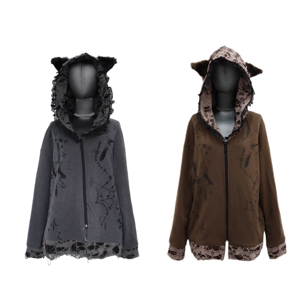 Distressed Zip Hoodie with Cat-Ear Hair Clip