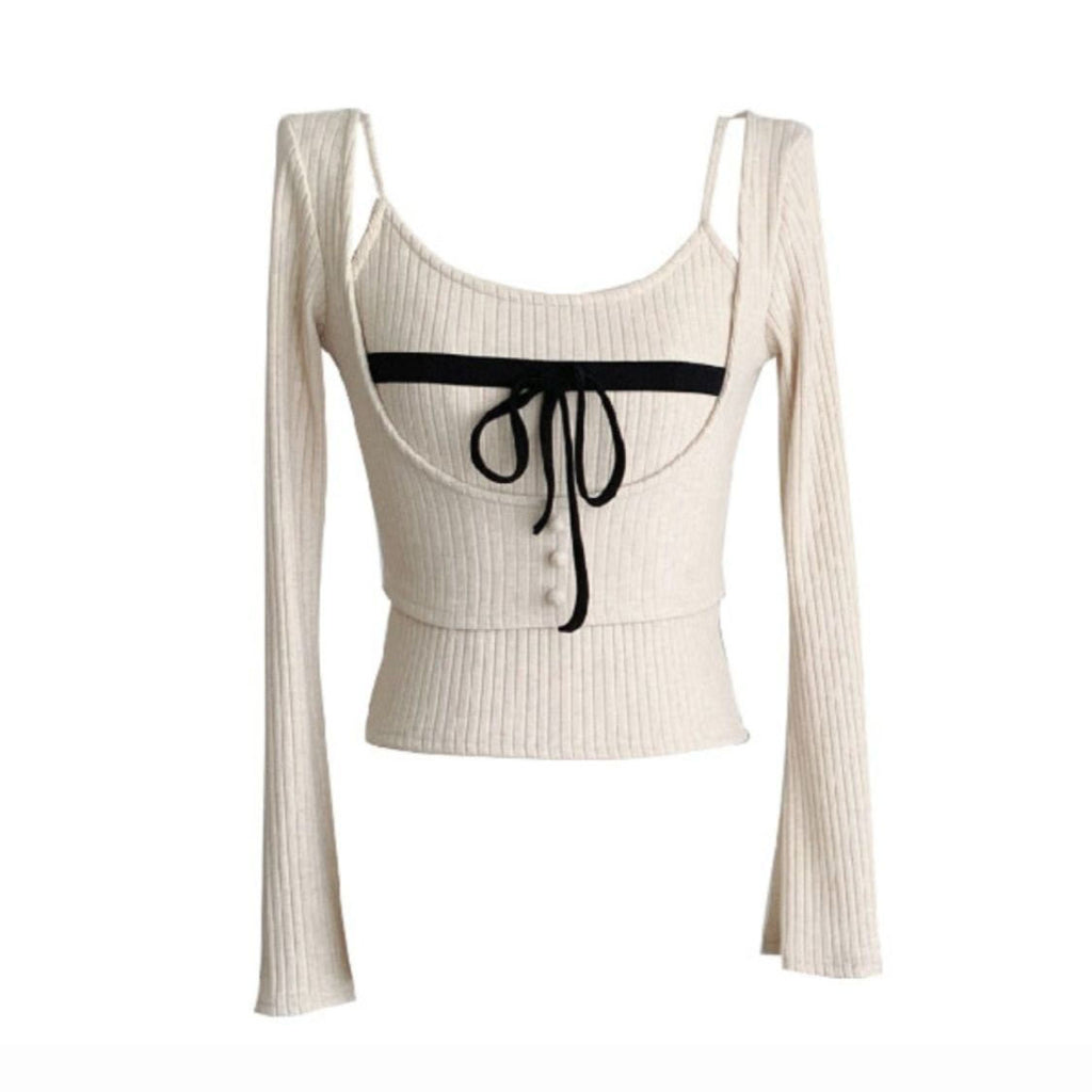 Bow-Detail Long-Sleeve Layered Top