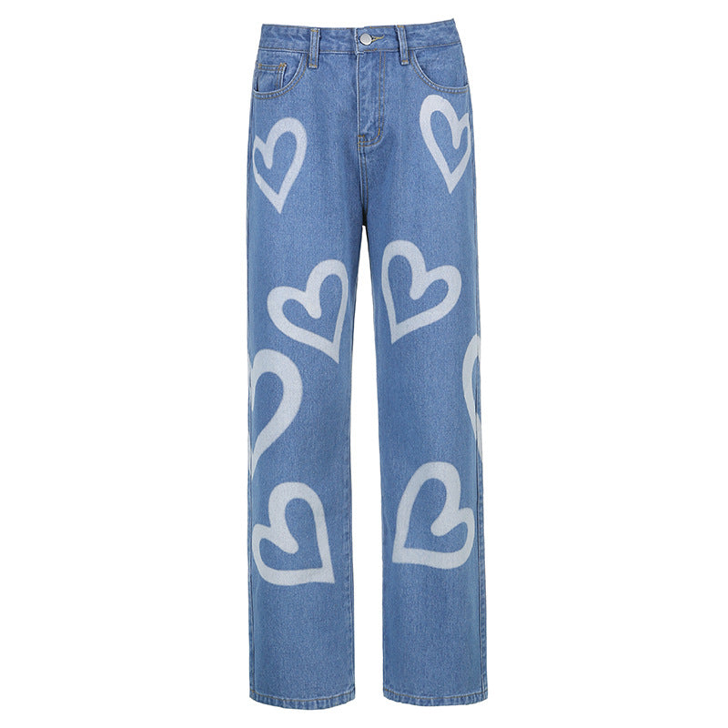 Heart-Print High-Waisted Straight-Leg Jeans