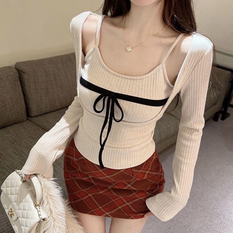Bow-Detail Long-Sleeve Layered Top