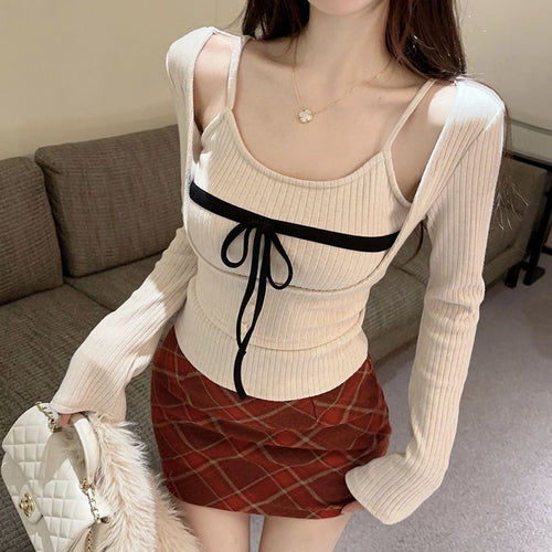 Bow-Detail Long-Sleeve Layered Top