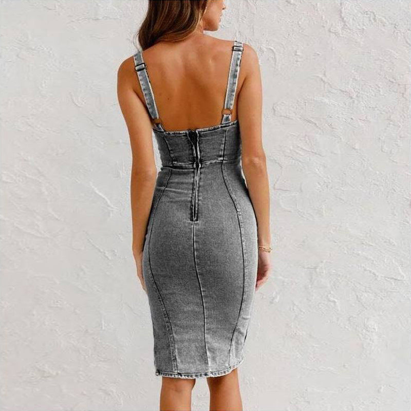 U-Neck Denim Slit Dress