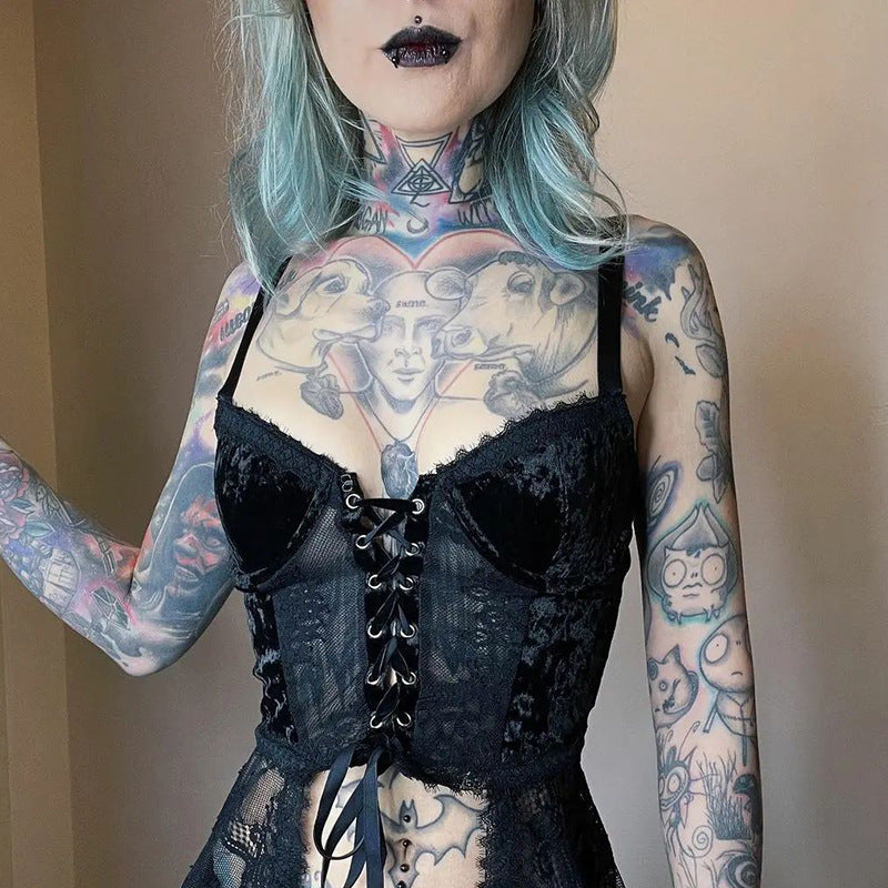 Lace-Up Mesh-Panel Corset Top