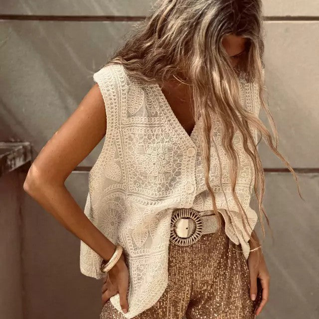 Openwork V-Neck Button Vest