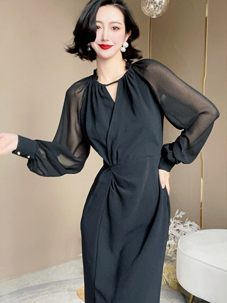Sheer-Sleeve Twist-Waist Dress