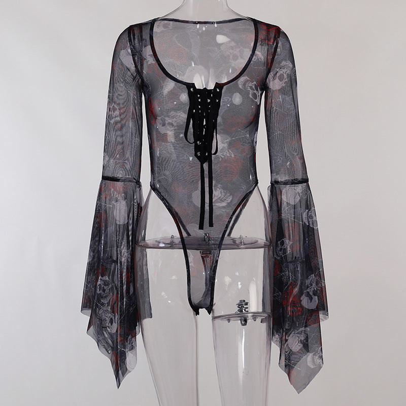 Sheer Bell-Sleeve Lace-Up Bodysuit