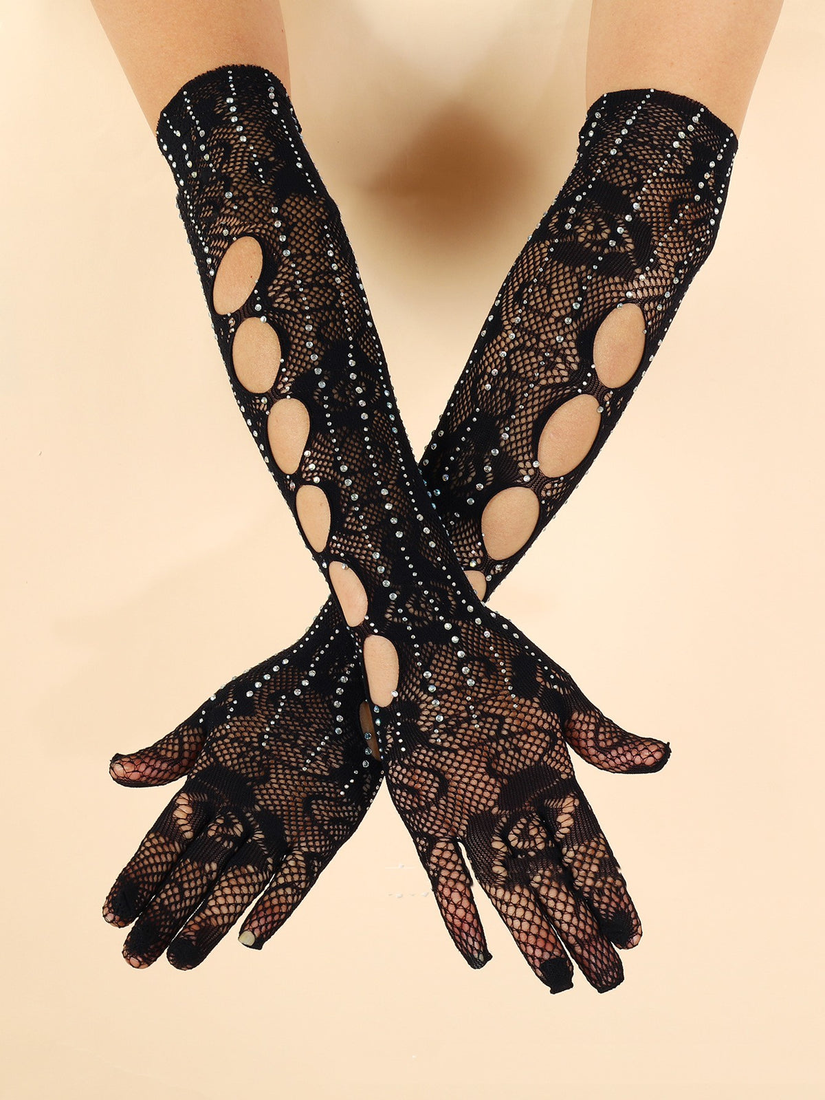 Cutout Floral-Mesh Long Gloves