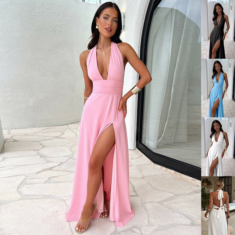 Halter V-Neck Slit Dress