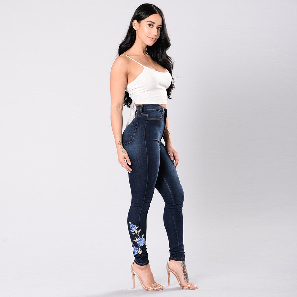 Floral-Embroidered Skinny Jeans