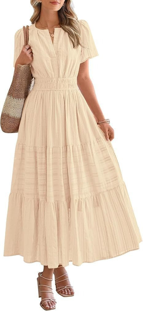 V-Neck Puff-Sleeve Tiered Dress