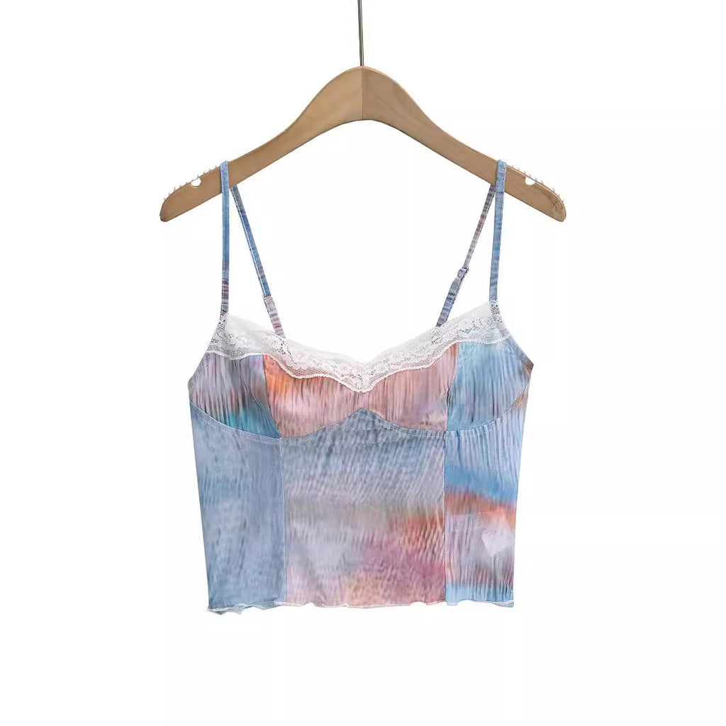 Gradient Mesh Lace-Trim Crop Top