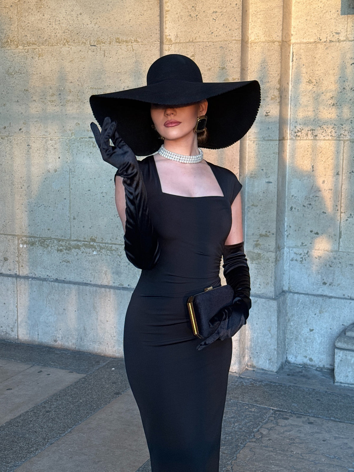 Square-Neck Dress & Gloves