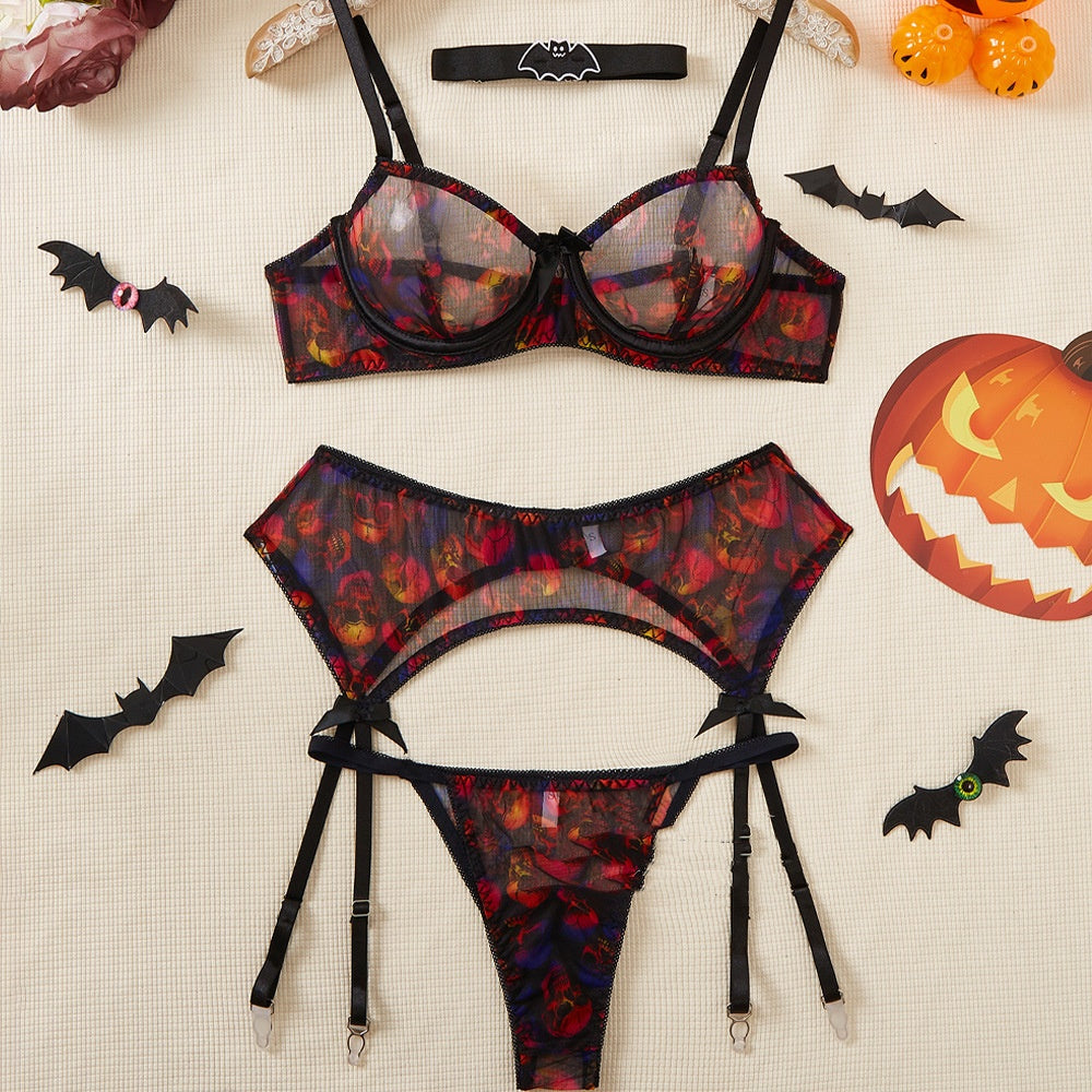Halloween-Print Mesh Lingerie Set