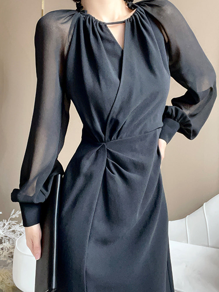 Sheer-Sleeve Twist-Waist Dress