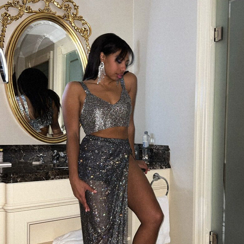 Rhinestone Metallic-Effect Crop Top
