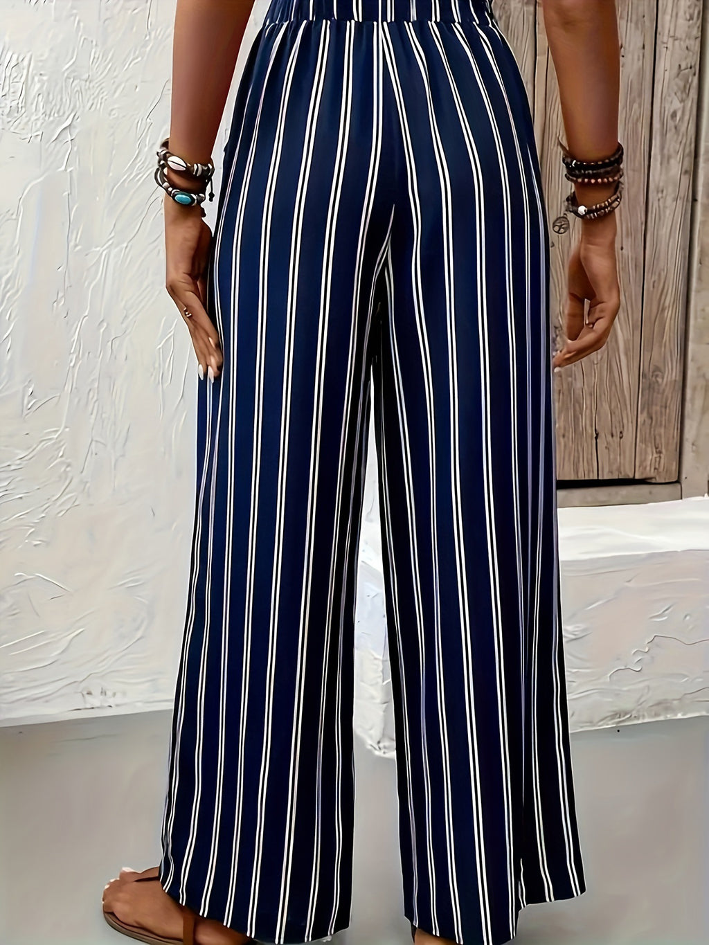 Striped Wide-Leg Pull-On Pants
