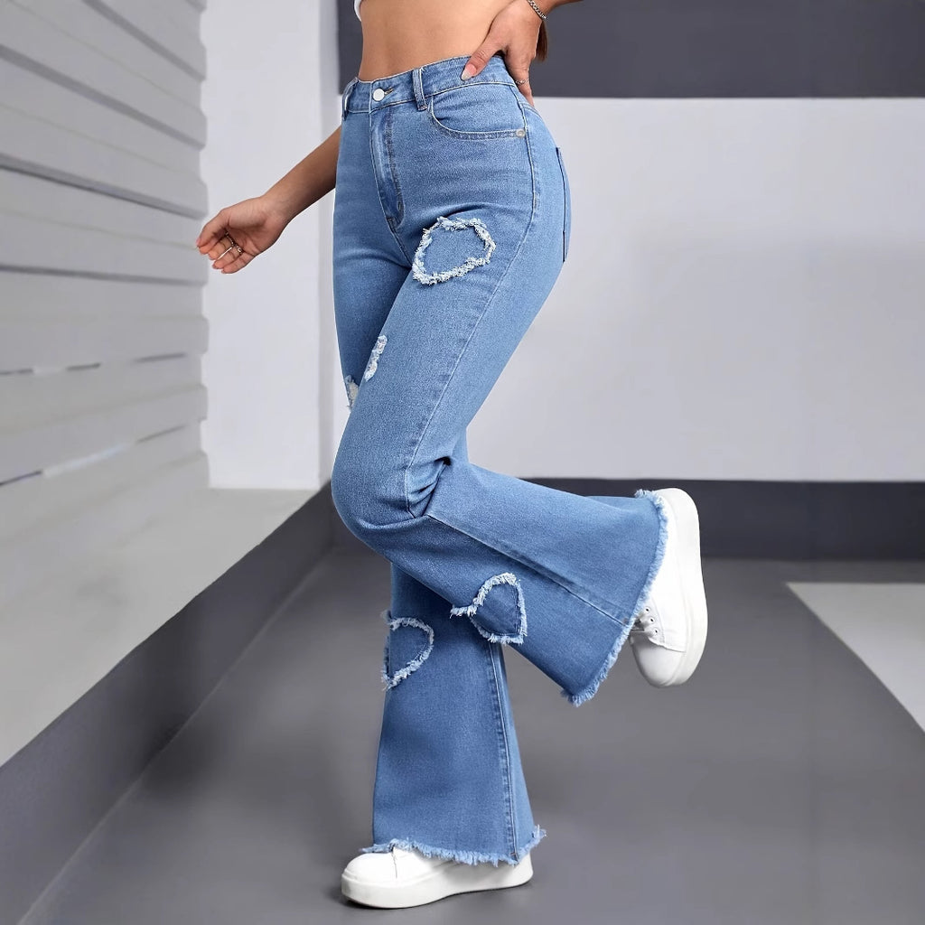 Heart-Distressed Flared Jeans