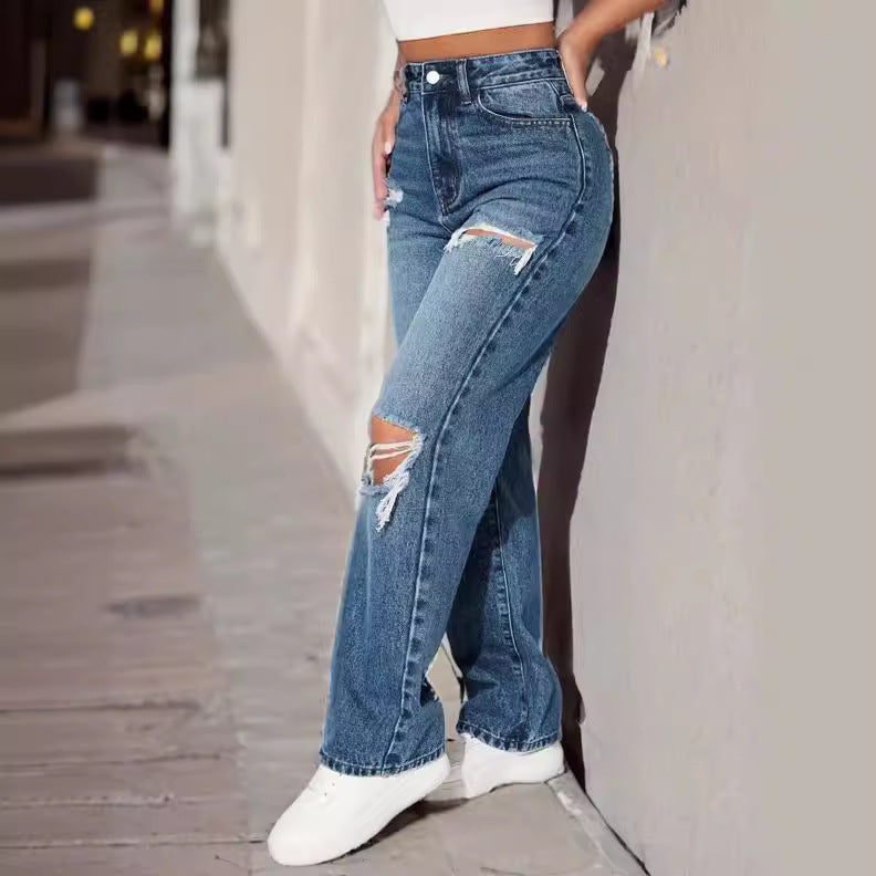 High-Waisted Ripped Straight-Leg Jeans