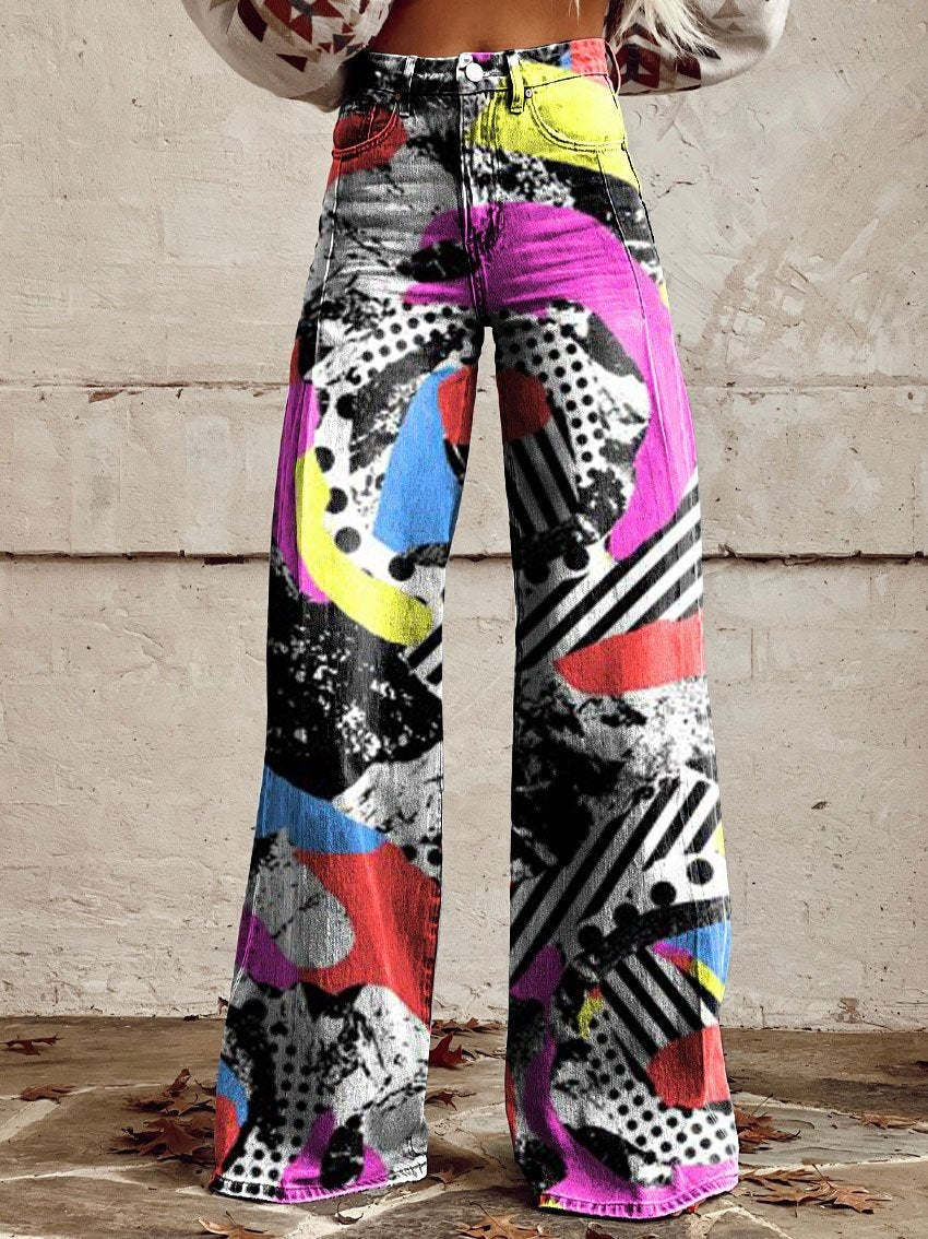 Printed Denim-Look Wide-Leg Pants