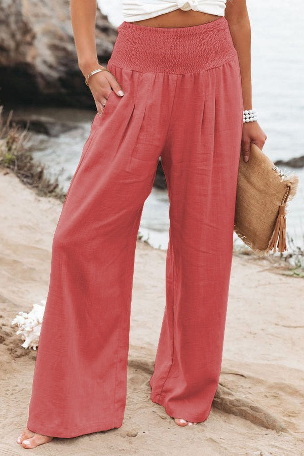 Smocked-Waist Wide-Leg Pants