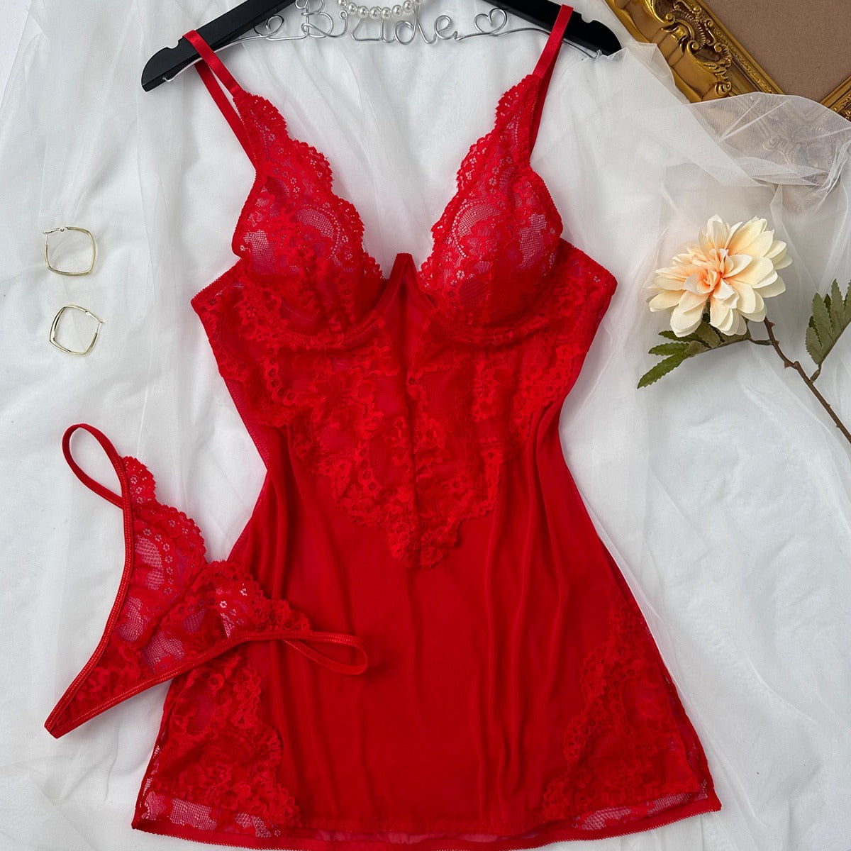 Lace & Mesh Slip and Thong Set