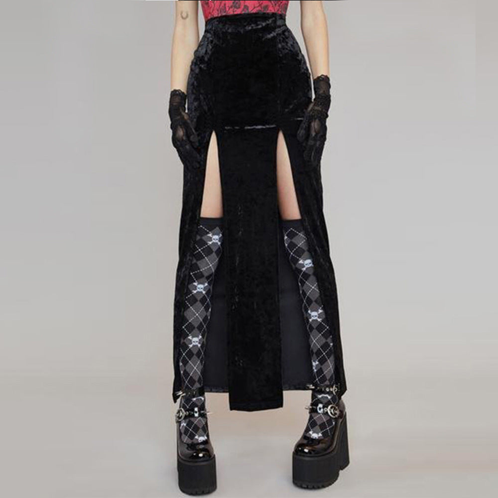 Lace-Panel Double-Slit Maxi Skirt