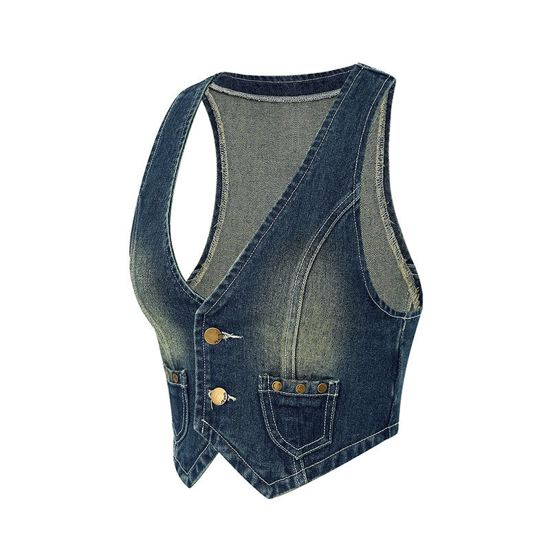 Button-Front Denim Waistcoat