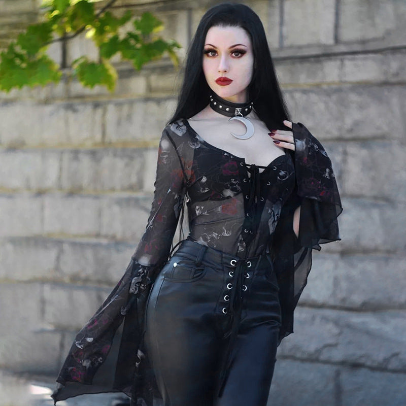 Sheer Bell-Sleeve Lace-Up Bodysuit