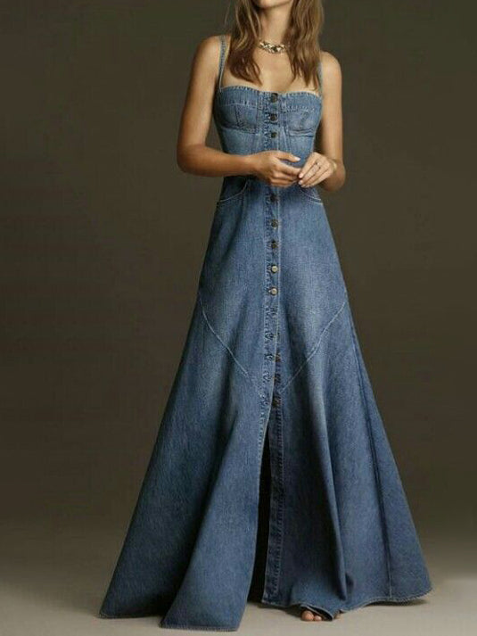 Button-Front Denim Maxi Dress